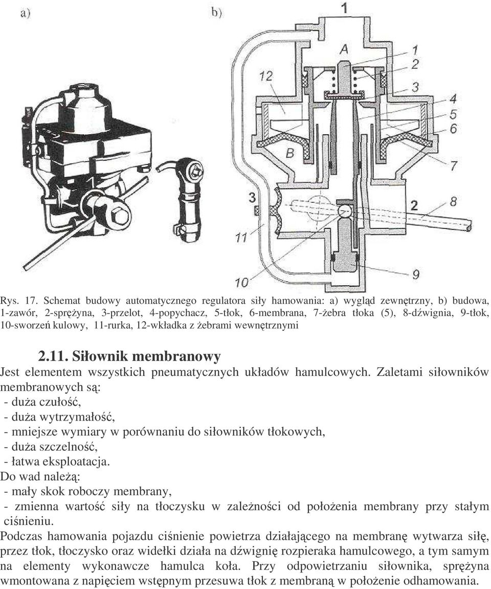 kulowy, 11-rurka, 12-wkładka z ebrami wewntrznymi 2.11. Siłownik membranowy Jest elementem wszystkich pneumatycznych układów hamulcowych.