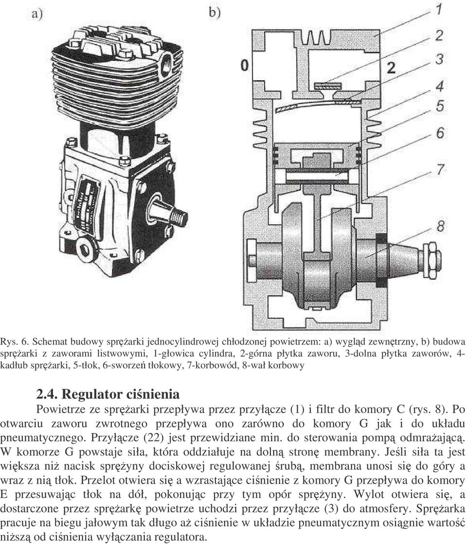 kadłub sprarki, 5-tłok, 6-sworze tłokowy, 7-korbowód, 8-wał korbowy 2.4. Regulator cinienia Powietrze ze sprarki przepływa przez przyłcze (1) i filtr do komory C (rys. 8).