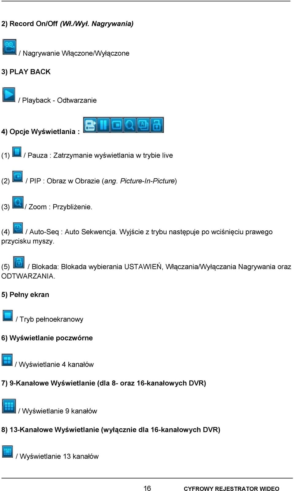 (ang. Picture-In-Picture) (3) / Zoom : Przybliżenie. (4) / Auto-Seq : Auto Sekwencja. Wyjście z trybu następuje po wciśnięciu prawego przycisku myszy.