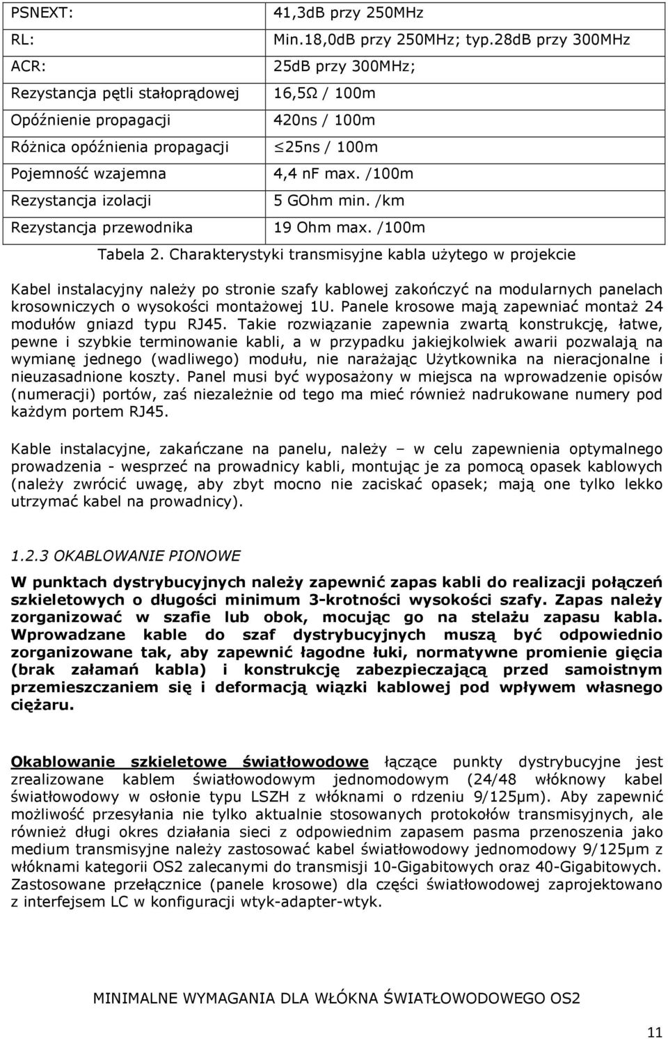 Charakterystyki transmisyjne kabla użytego w projekcie Kabel instalacyjny należy po stronie szafy kablowej zakończyć na modularnych panelach krosowniczych o wysokości montażowej 1U.