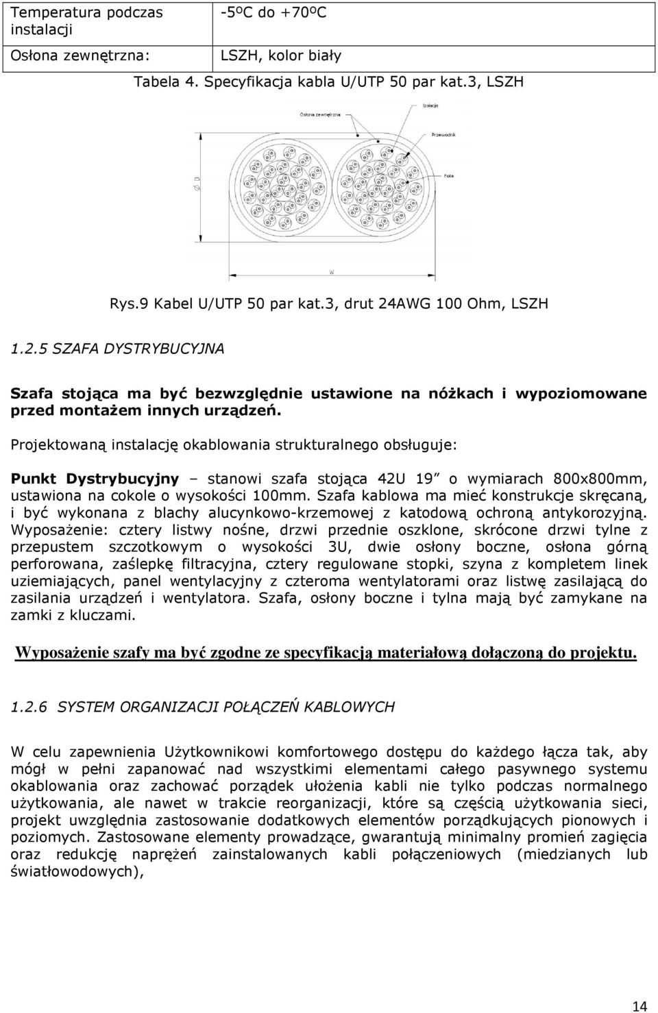 Projektowaną instalację okablowania strukturalnego obsługuje: Punkt Dystrybucyjny stanowi szafa stojąca 42U 19 o wymiarach 800x800mm, ustawiona na cokole o wysokości 100mm.