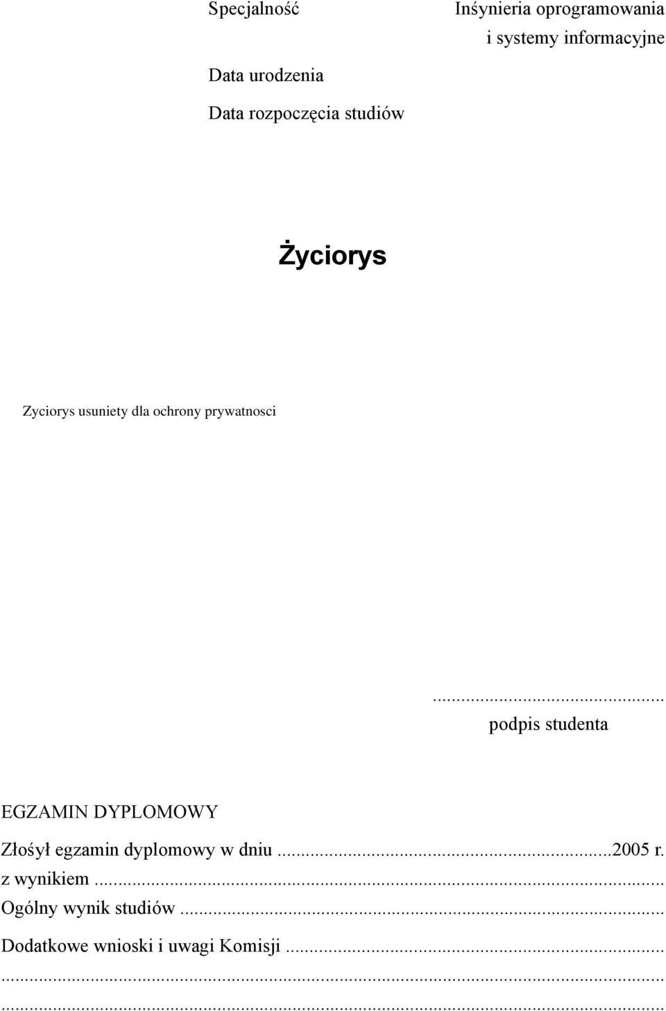 .. podpis studenta EGZAMIN DYPLOMOWY Złożył egzamin dyplomowy w dniu...2005 r.