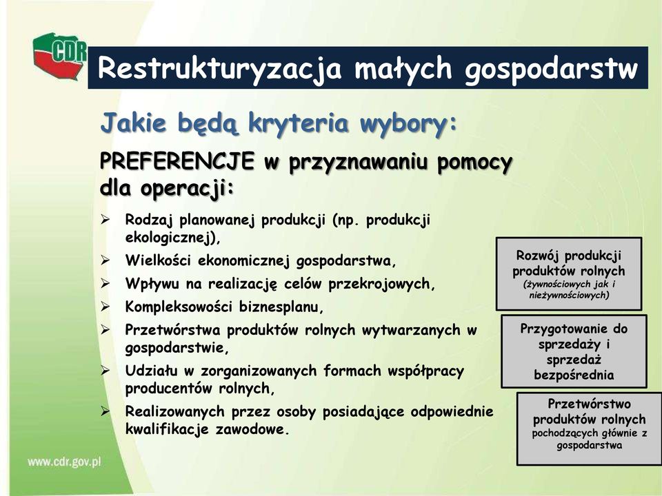 wytwarzanych w gospodarstwie, Udziału w zorganizowanych formach współpracy producentów rolnych, Realizowanych przez osoby posiadające odpowiednie kwalifikacje