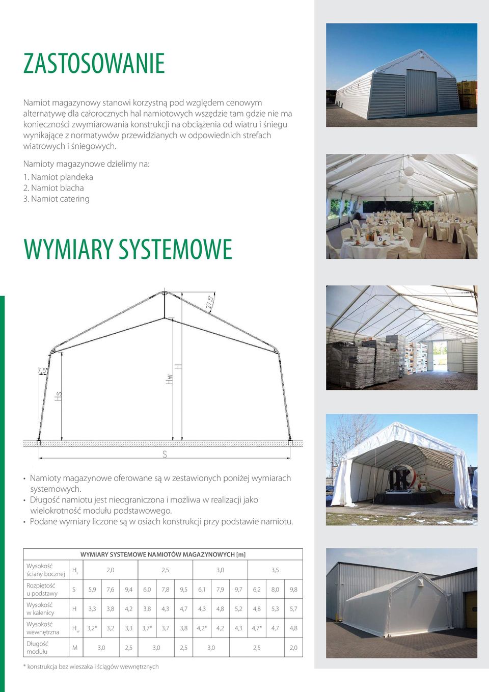 Namiot catering WYMIARY SYSTEMOWE Namioty magazynowe oferowane są w zestawionych poniżej wymiarach systemowych.