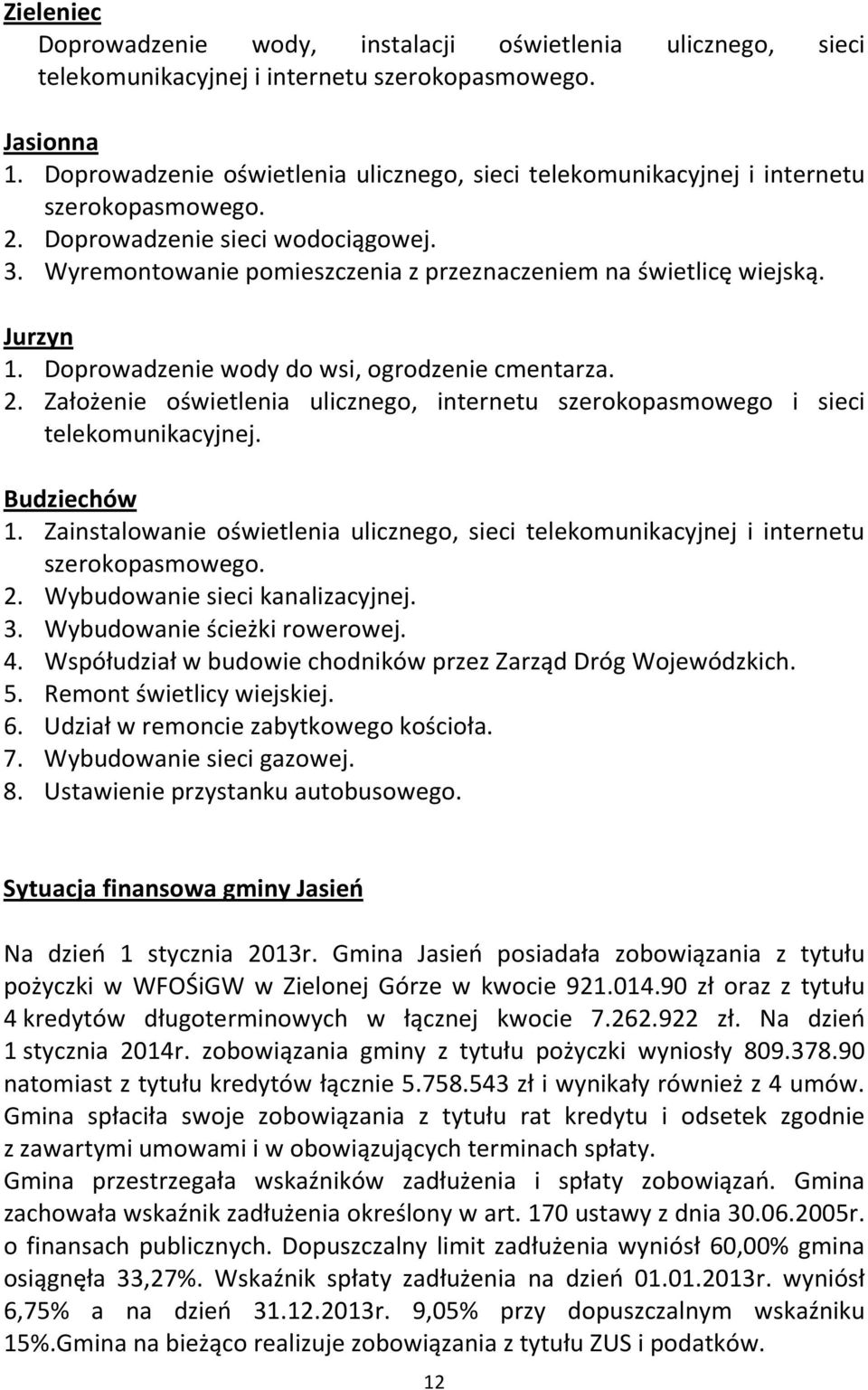 Jurzyn 1. Doprowadzenie wody do wsi, ogrodzenie cmentarza. 2. Założenie oświetlenia ulicznego, internetu szerokopasmowego i sieci telekomunikacyjnej. Budziechów 1.