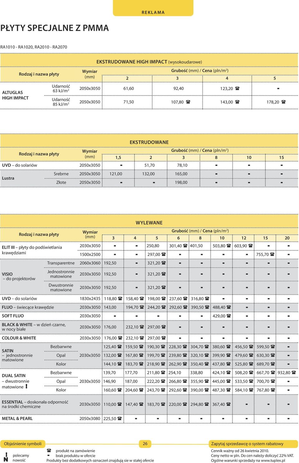 2050x3050-51,70 78,10 - - - Srebrne 2050x3050 121,00 132,00 165,00 - - - Lustra Złote 2050x3050 - - 198,00 - - - wylewane rodzaj i nazwa płyty wymiar Grubość (mm) / (pln/m 2 ) (mm) 3 4 5 6 8 10 12 15