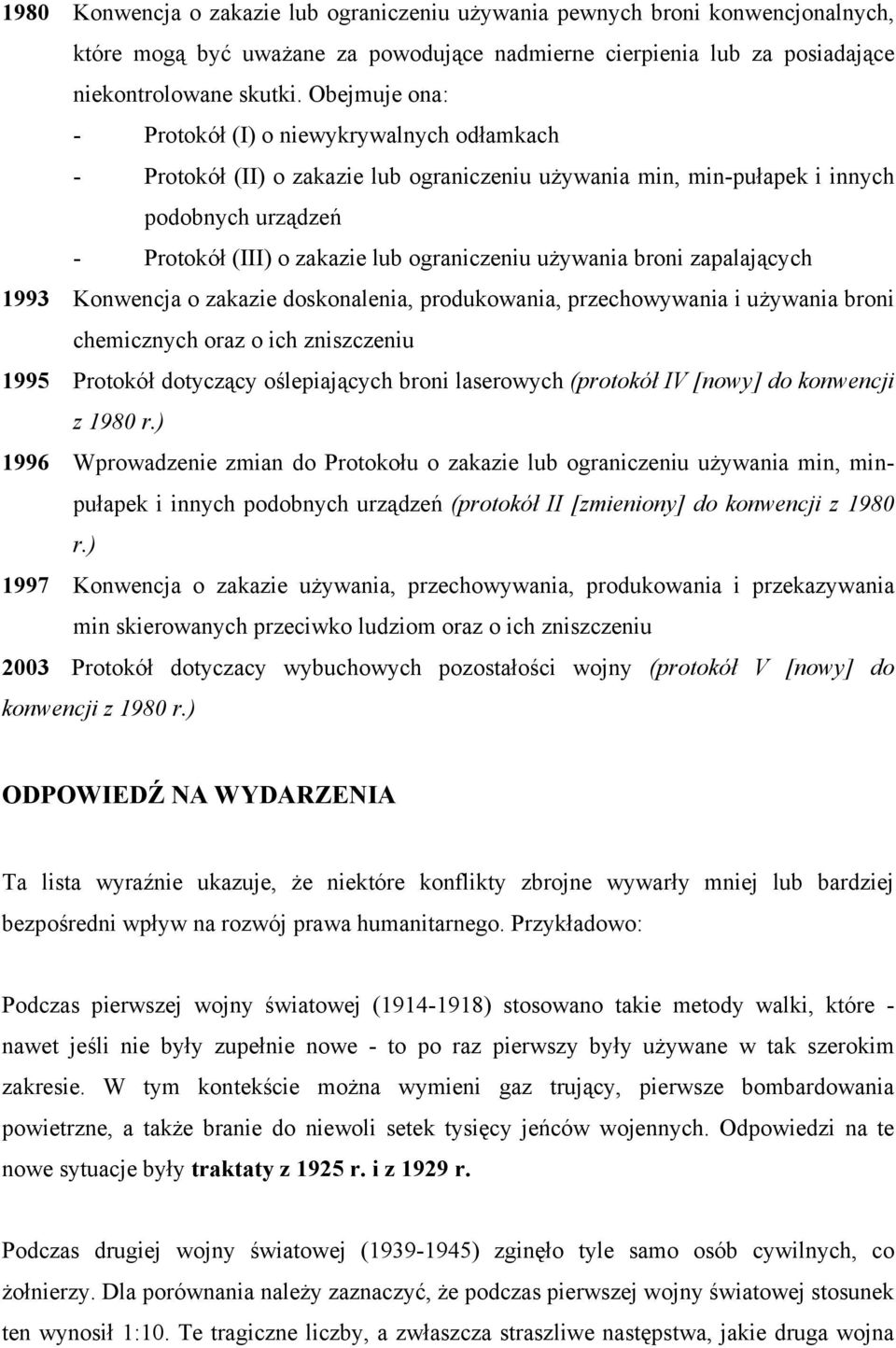 używania broni zapalających 1993 Konwencja o zakazie doskonalenia, produkowania, przechowywania i używania broni chemicznych oraz o ich zniszczeniu 1995 Protokół dotyczący oślepiających broni