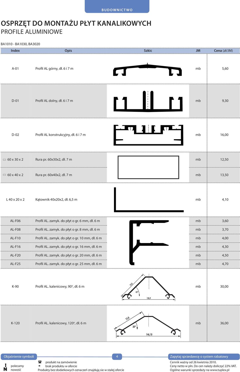 7 m mb 13,50 L 40 x 20 x 2 Kątownik 40x20x2, dł. 6,5 m mb 4,10 AL-F06 Profil AL. zamyk. do płyt o gr. 6 mm, dł. 6 m mb 3,60 AL-F08 Profil AL. zamyk. do płyt o gr. 8 mm, dł.