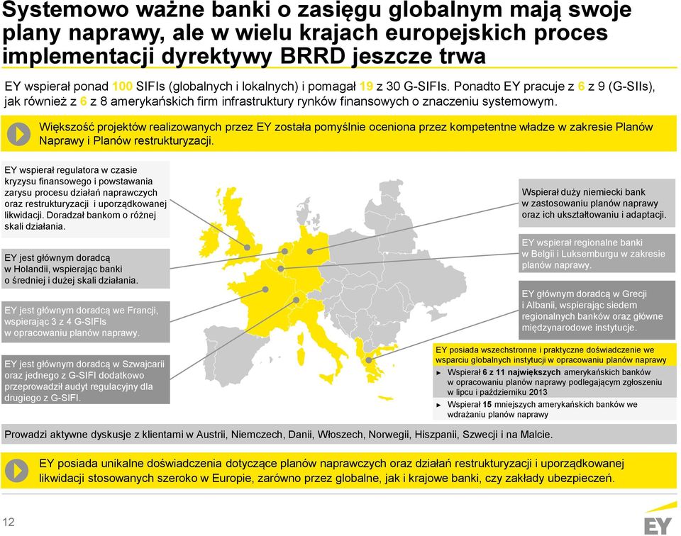 Większość projektów realizowanych przez EY została pomyślnie oceniona przez kompetentne władze w zakresie Planów Naprawy i Planów restrukturyzacji.