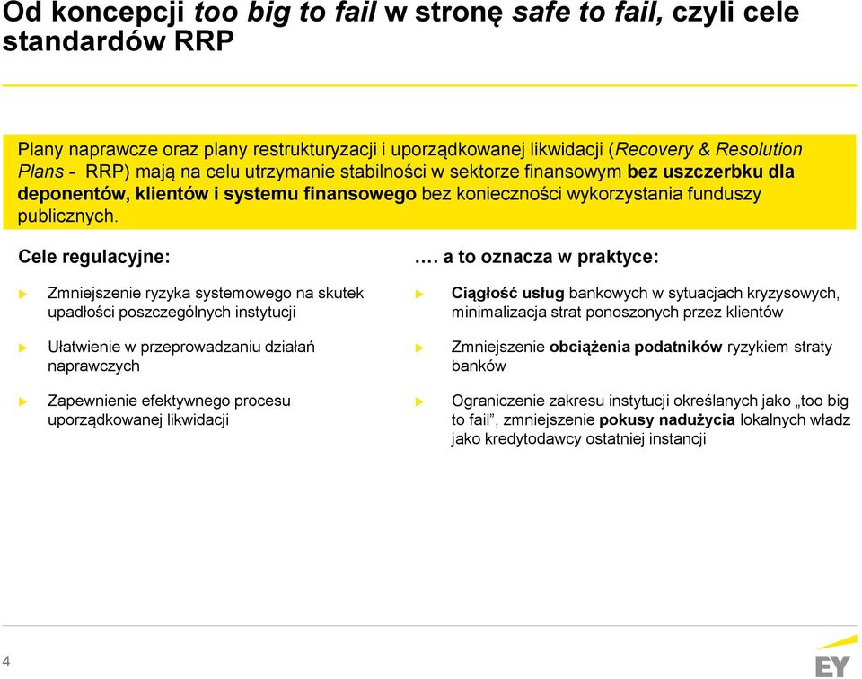 a to oznacza w praktyce: Zmniejszenie ryzyka systemowego na skutek upadłości poszczególnych instytucji Ciągłość usług bankowych w sytuacjach kryzysowych, minimalizacja strat ponoszonych przez