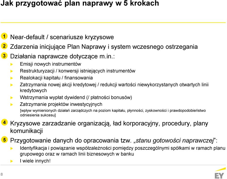 : Emisji nowych instrumentów Restrukturyzacji / konwersji istniejących instrumentów Realokacji kapitału / finansowania Zatrzymania nowej akcji kredytowej / redukcji wartości niewykorzystanych