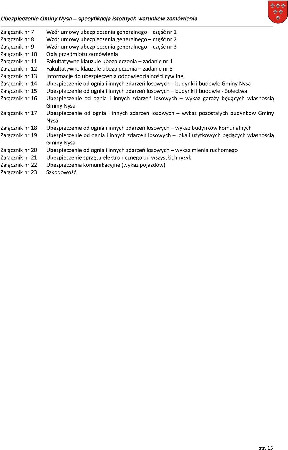 ubezpieczenia odpowiedzialności cywilnej Załącznik nr 14 Ubezpieczenie od ognia i innych zdarzeń losowych budynki i budowle Gminy Nysa Załącznik nr 15 Ubezpieczenie od ognia i innych zdarzeń losowych