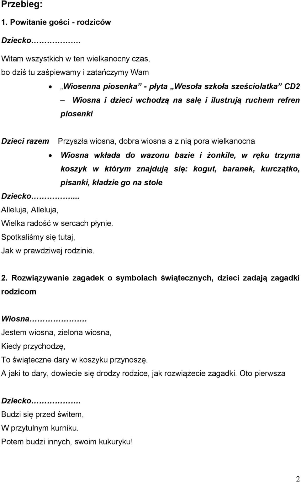 ilustrują ruchem refren piosenki Dzieci razem Przyszła wiosna, dobra wiosna a z nią pora wielkanocna Wiosna wkłada do wazonu bazie i żonkile, w ręku trzyma koszyk w którym znajdują się: kogut,