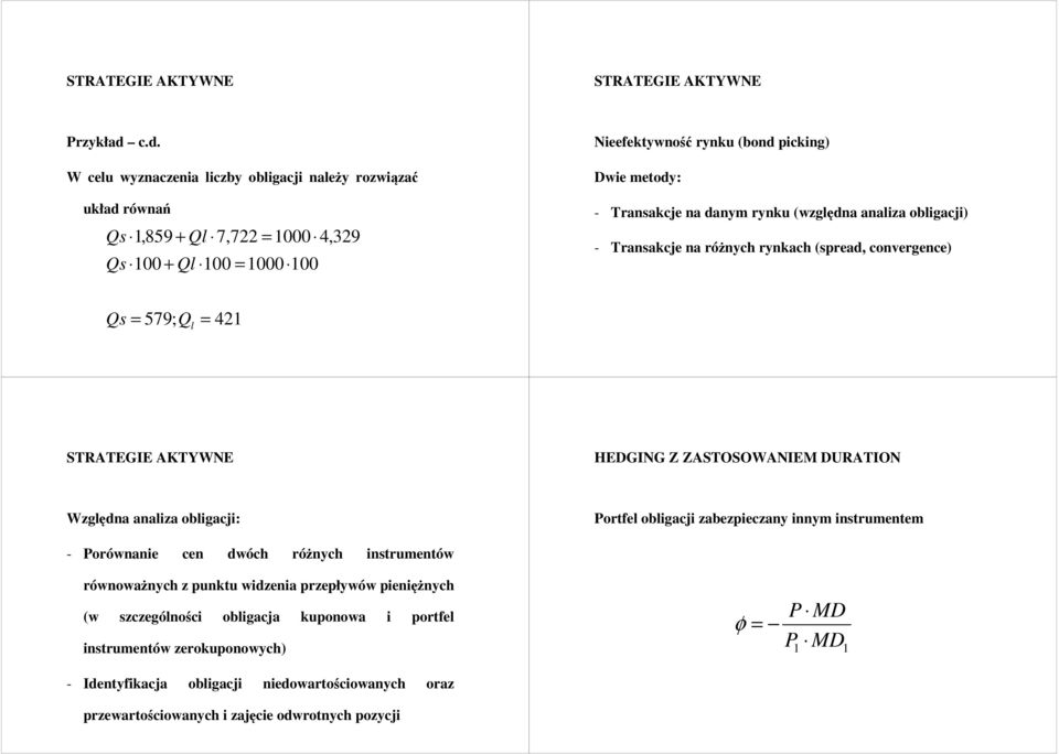 - Transakcje na danym rynku (względna analiza obligacji) - Transakcje na różnych rynkach (spread, convergence) Qs = 579; Q l = 421 HEDGING Z ZASTOSOWANIEM DURATION Względna analiza