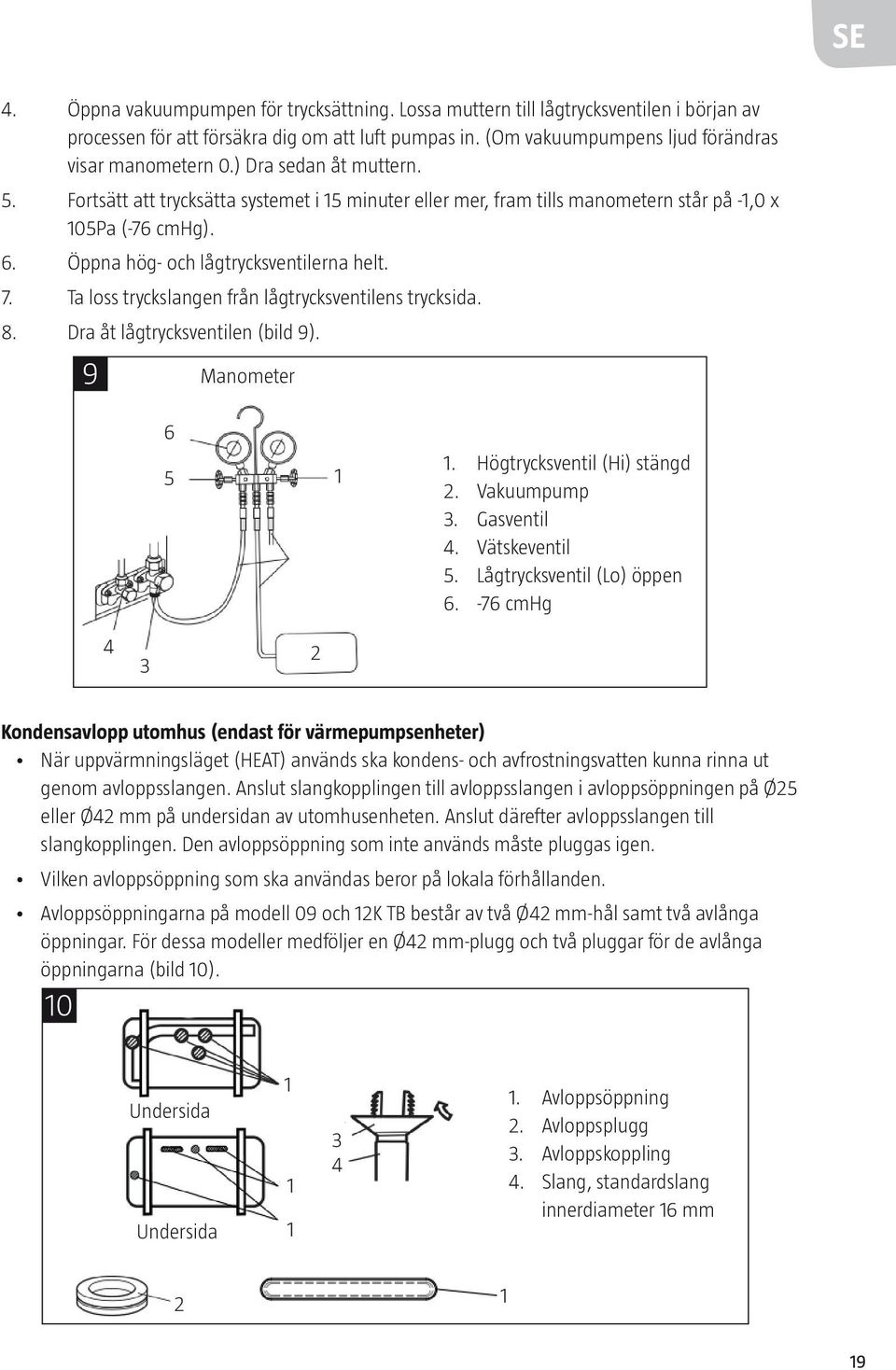 Ta loss tryckslangen från lågtrycksventilens trycksida. 8. Dra åt lågtrycksventilen (bild 9). 9 Manometer 6 5 1 1. Högtrycksventil (Hi) stängd 2. Vakuumpump 3. Gasventil 4. Vätskeventil 5.