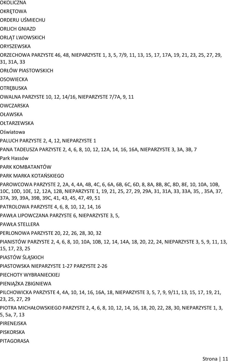 8, 10, 12, 12A, 14, 16, 16A, NIEPARZYSTE 3, 3A, 3B, 7 Park Hassów PARK KOMBATANTÓW PARK MARKA KOTAOSKIEGO PAROWCOWA PARZYSTE 2, 2A, 4, 4A, 4B, 4C, 6, 6A, 6B, 6C, 6D, 8, 8A, 8B, 8C, 8D, 8E, 10, 10A,