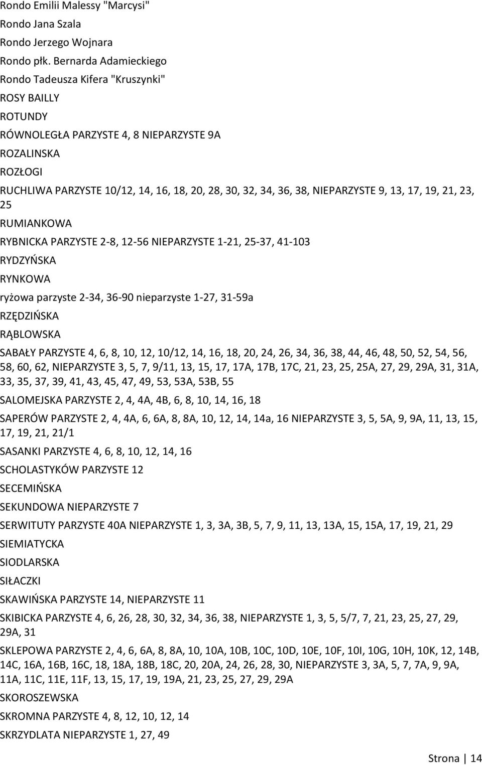 NIEPARZYSTE 9, 13, 17, 19, 21, 23, 25 RUMIANKOWA RYBNICKA PARZYSTE 2-8, 12-56 NIEPARZYSTE 1-21, 25-37, 41-103 RYDZYOSKA RYNKOWA ryżowa parzyste 2-34, 36-90 nieparzyste 1-27, 31-59a RZĘDZIOSKA