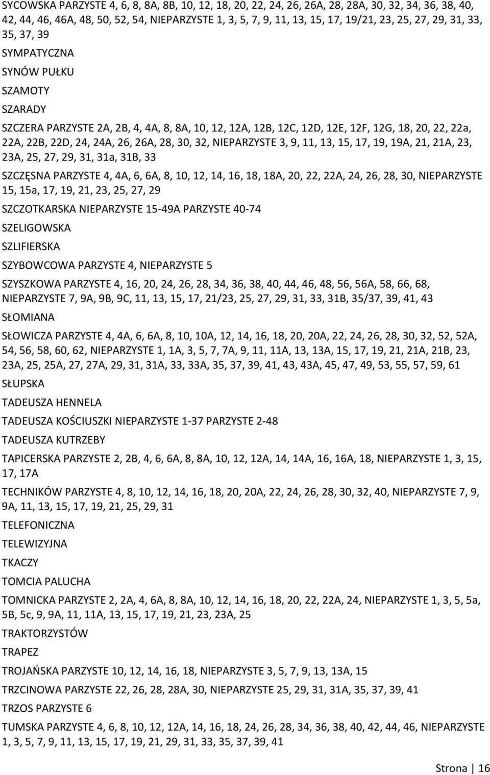 32, NIEPARZYSTE 3, 9, 11, 13, 15, 17, 19, 19A, 21, 21A, 23, 23A, 25, 27, 29, 31, 31a, 31B, 33 SZCZĘSNA PARZYSTE 4, 4A, 6, 6A, 8, 10, 12, 14, 16, 18, 18A, 20, 22, 22A, 24, 26, 28, 30, NIEPARZYSTE 15,