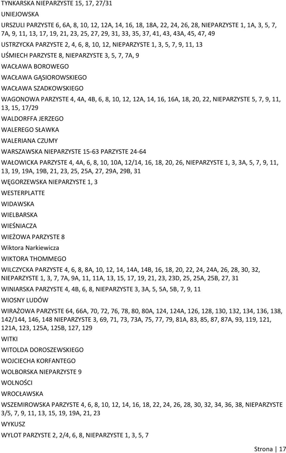 SZADKOWSKIEGO WAGONOWA PARZYSTE 4, 4A, 4B, 6, 8, 10, 12, 12A, 14, 16, 16A, 18, 20, 22, NIEPARZYSTE 5, 7, 9, 11, 13, 15, 17/29 WALDORFFA JERZEGO WALEREGO SŁAWKA WALERIANA CZUMY WARSZAWSKA NIEPARZYSTE