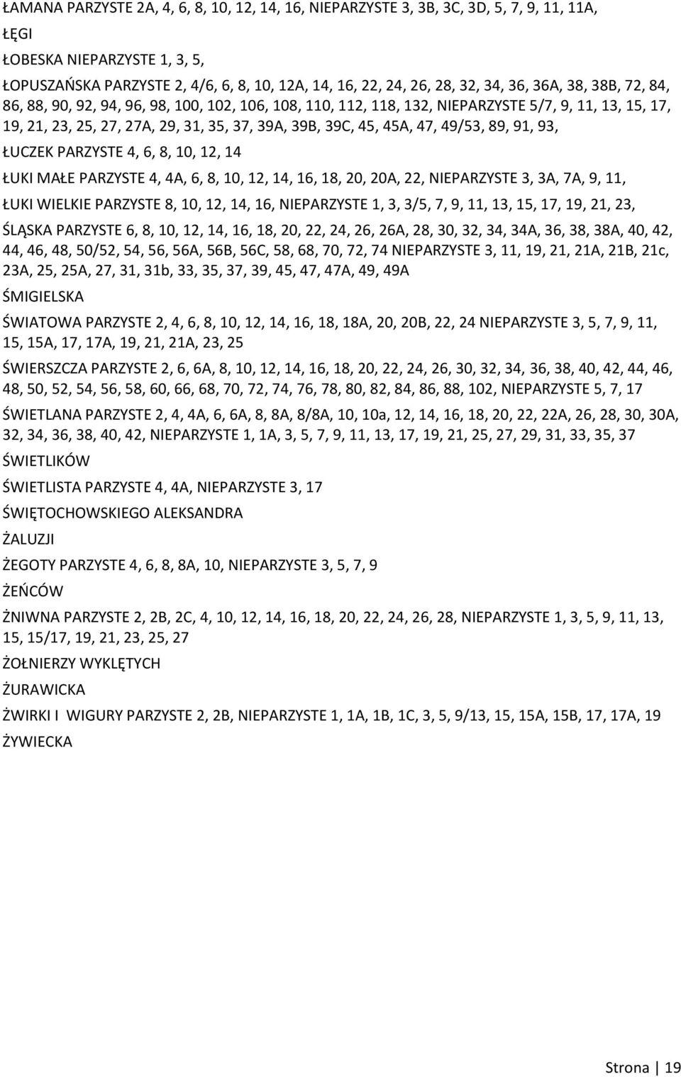 49/53, 89, 91, 93, ŁUCZEK PARZYSTE 4, 6, 8, 10, 12, 14 ŁUKI MAŁE PARZYSTE 4, 4A, 6, 8, 10, 12, 14, 16, 18, 20, 20A, 22, NIEPARZYSTE 3, 3A, 7A, 9, 11, ŁUKI WIELKIE PARZYSTE 8, 10, 12, 14, 16,