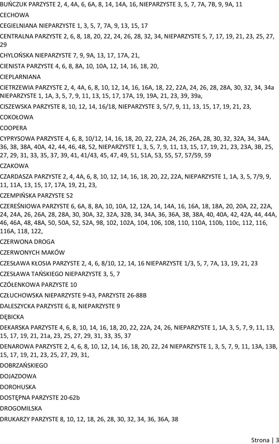 2, 4, 4A, 6, 8, 10, 12, 14, 16, 16A, 18, 22, 22A, 24, 26, 28, 28A, 30, 32, 34, 34a NIEPARZYSTE 1, 1A, 3, 5, 7, 9, 11, 13, 15, 17, 17A, 19, 19A, 21, 23, 39, 39a, CISZEWSKA PARZYSTE 8, 10, 12, 14,