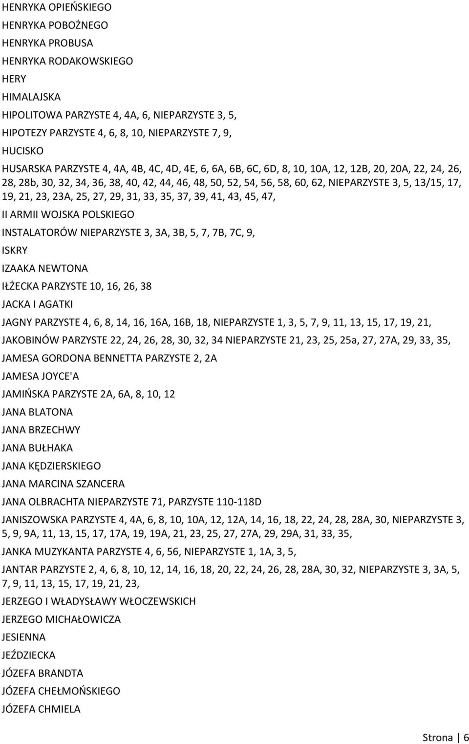 13/15, 17, 19, 21, 23, 23A, 25, 27, 29, 31, 33, 35, 37, 39, 41, 43, 45, 47, II ARMII WOJSKA POLSKIEGO INSTALATORÓW NIEPARZYSTE 3, 3A, 3B, 5, 7, 7B, 7C, 9, ISKRY IZAAKA NEWTONA IŁŻECKA PARZYSTE 10,