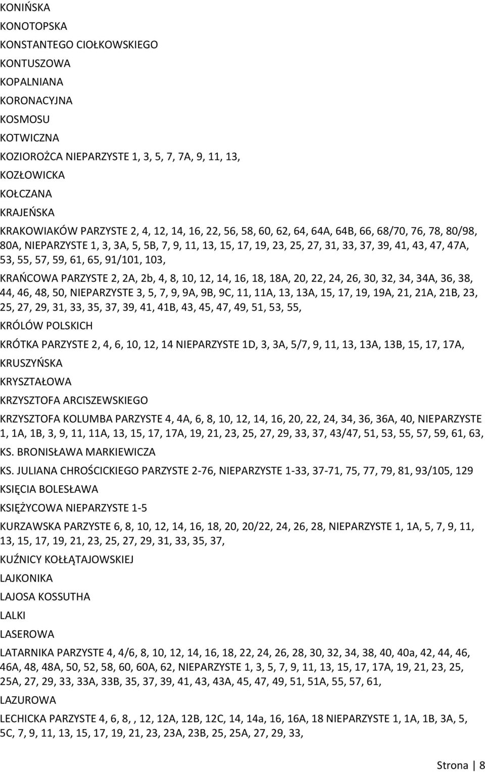 61, 65, 91/101, 103, KRAOCOWA PARZYSTE 2, 2A, 2b, 4, 8, 10, 12, 14, 16, 18, 18A, 20, 22, 24, 26, 30, 32, 34, 34A, 36, 38, 44, 46, 48, 50, NIEPARZYSTE 3, 5, 7, 9, 9A, 9B, 9C, 11, 11A, 13, 13A, 15, 17,