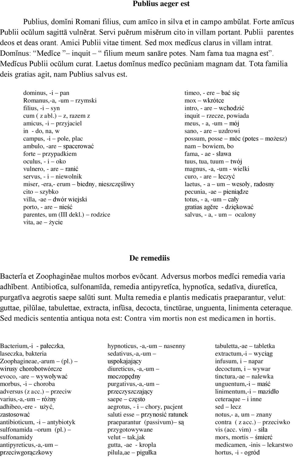 Medĭcus Publii ocŭlum curat. Laetus domĭnus medĭco pecūniam magnam dat. Tota familia deis gratias agit, nam Publius salvus est. dominus, -i pan Romanus,-a, -um rzymski filius, -i syn cum ( z abl.