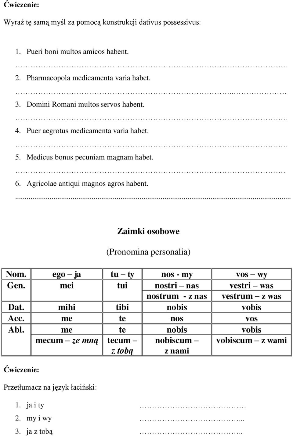 ... Ćwiczenie: Przetłumacz na język łaciński: Zaimki osobowe (Pronomina personalia) Nom. ego ja tu ty nos - my vos wy Gen.