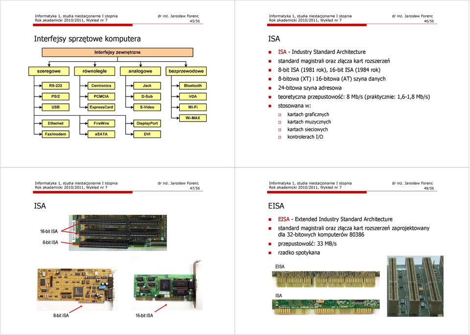 kartach graficznych kartach muzycznych kartach sieciowych kontrolerach I/O Rok akademicki 2010/2011, Wykład nr 7 47/56 Rok akademicki 2010/2011, Wykład nr 7 48/56 ISA EISA 16-bit ISA 8-bit ISA EISA -