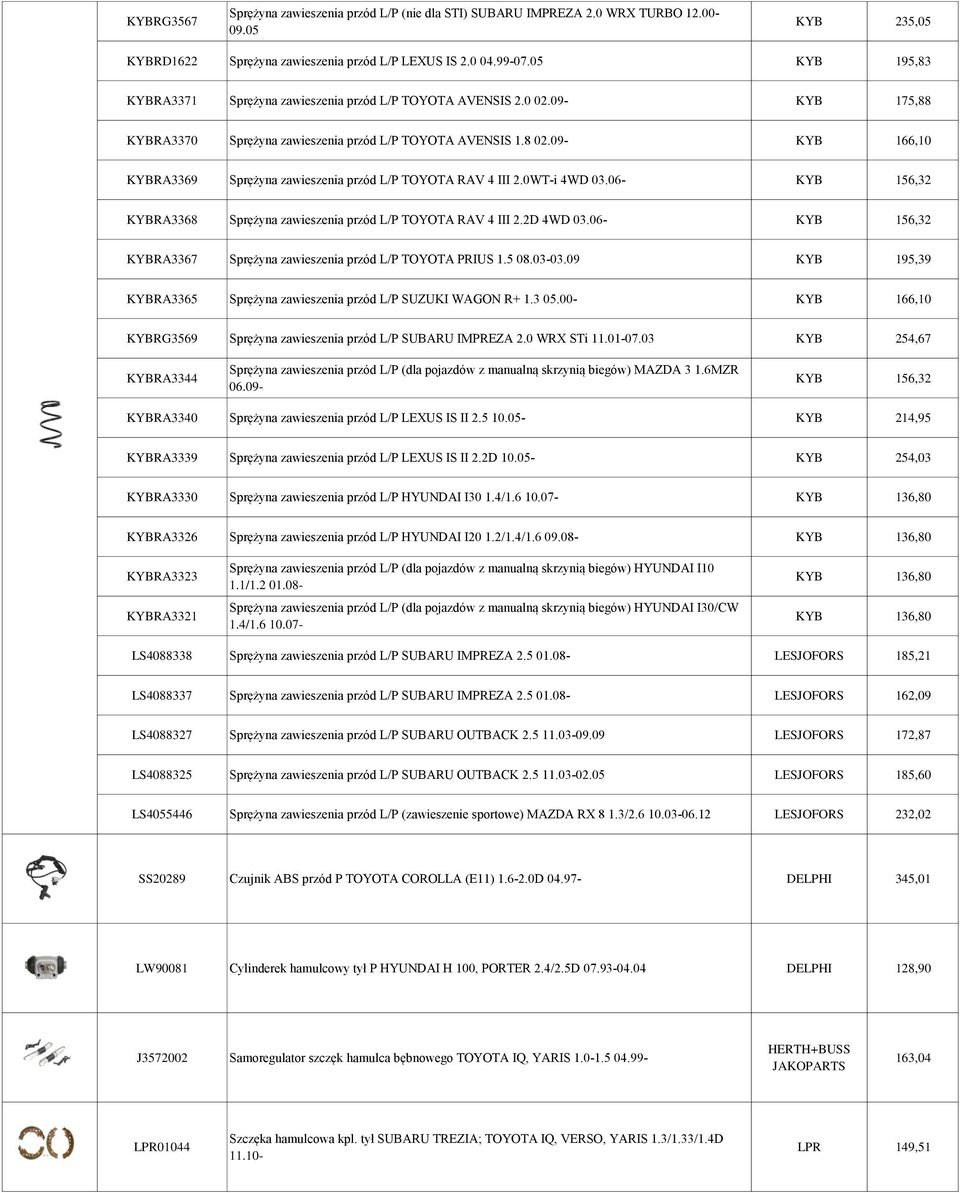 09- KYB 166,10 KYBRA3369 Sprężyna zawieszenia przód L/P TOYOTA RAV 4 III 2.0WT-i 4WD 03.06- KYB 156,32 KYBRA3368 Sprężyna zawieszenia przód L/P TOYOTA RAV 4 III 2.2D 4WD 03.