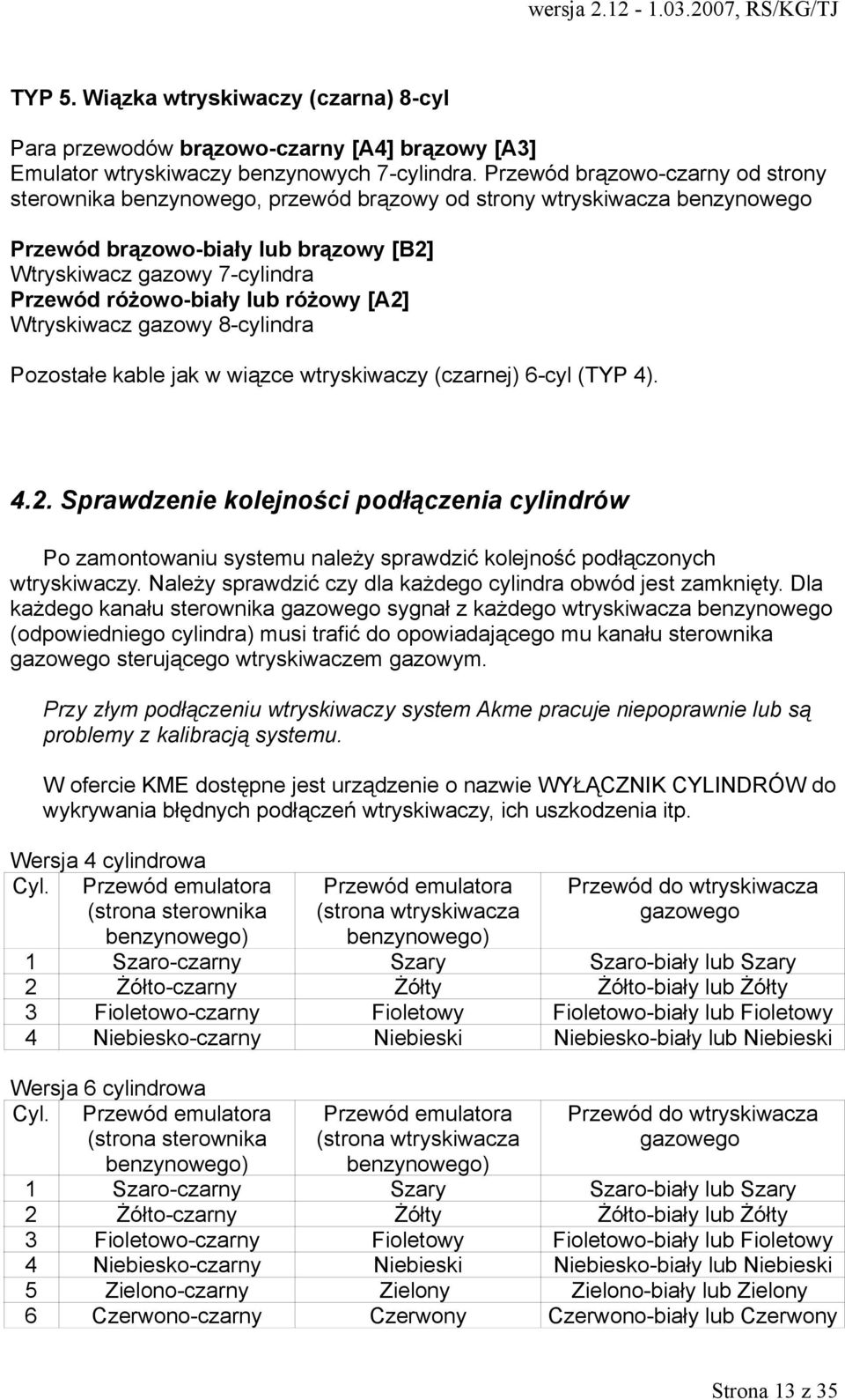 lub różowy [A2] Wtryskiwacz gazowy 8-cylindra Pozostałe kable jak w wiązce wtryskiwaczy (czarnej) 6-cyl (TYP 4). 4.2. Sprawdzenie kolejności podłączenia cylindrów Po zamontowaniu systemu należy sprawdzić kolejność podłączonych wtryskiwaczy.