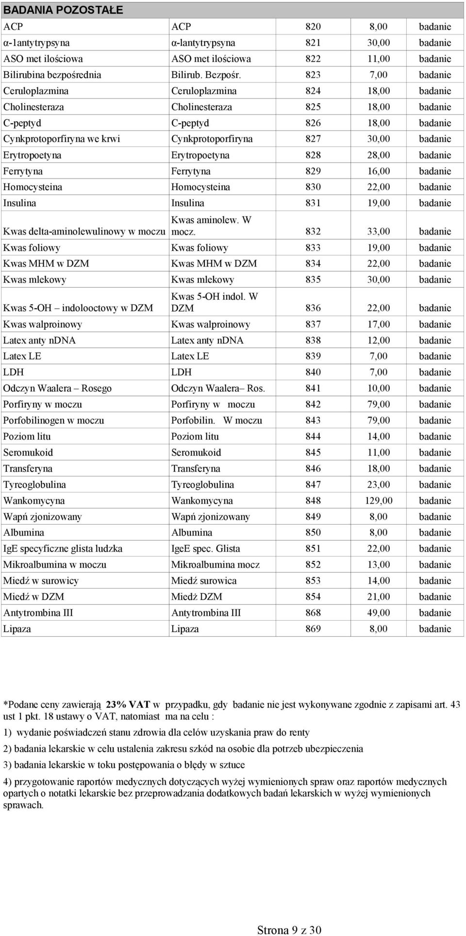 30,00 badanie Erytropoetyna Erytropoetyna 828 28,00 badanie Ferrytyna Ferrytyna 829 16,00 badanie Homocysteina Homocysteina 830 22,00 badanie Insulina Insulina 831 19,00 badanie Kwas aminolew.