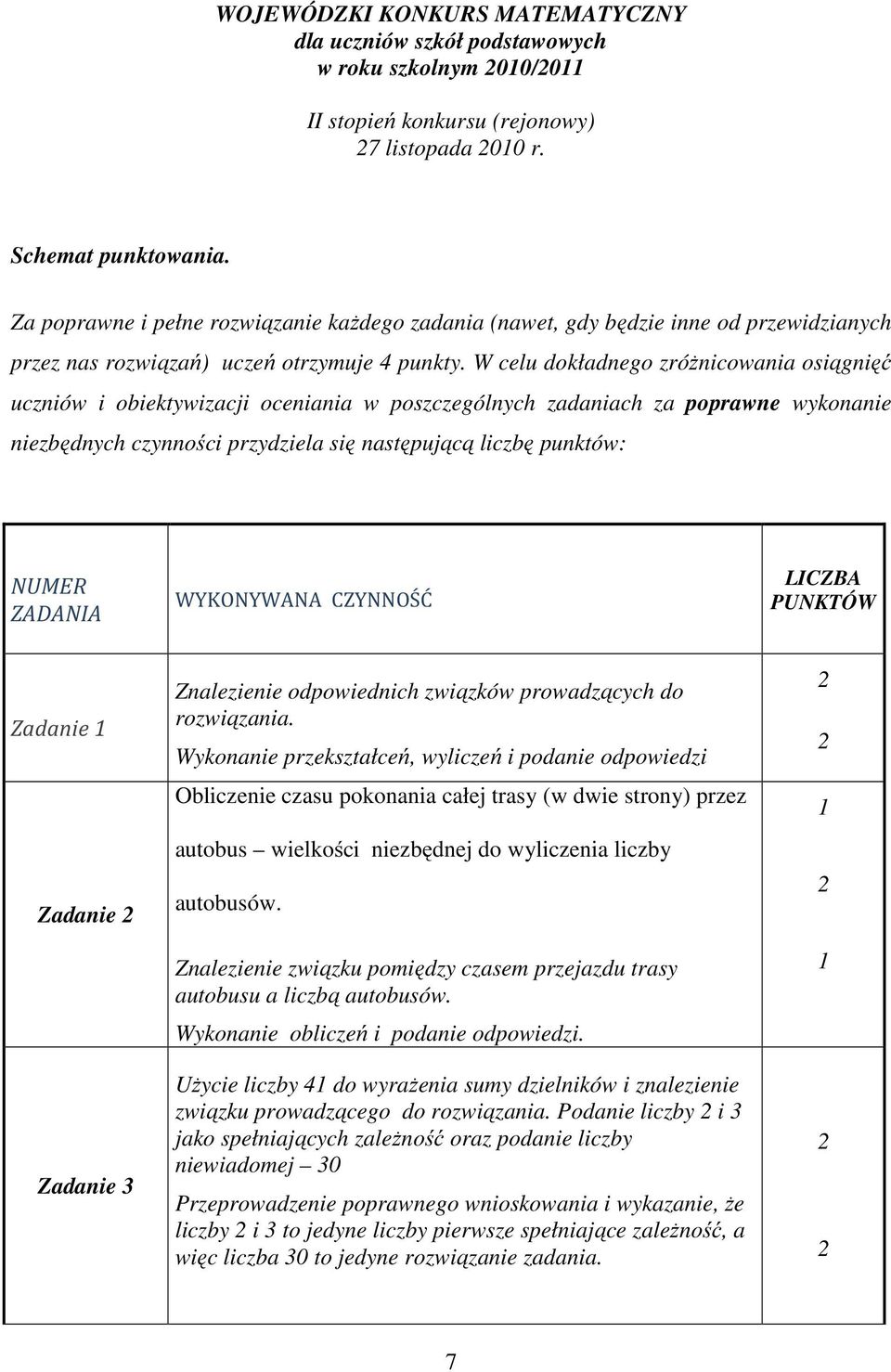 W celu dokładnego zróżnicowania osiągnięć uczniów i obiektywizacji oceniania w poszczególnych zadaniach za poprawne wykonanie niezbędnych czynności przydziela się następującą liczbę punktów: NUMER