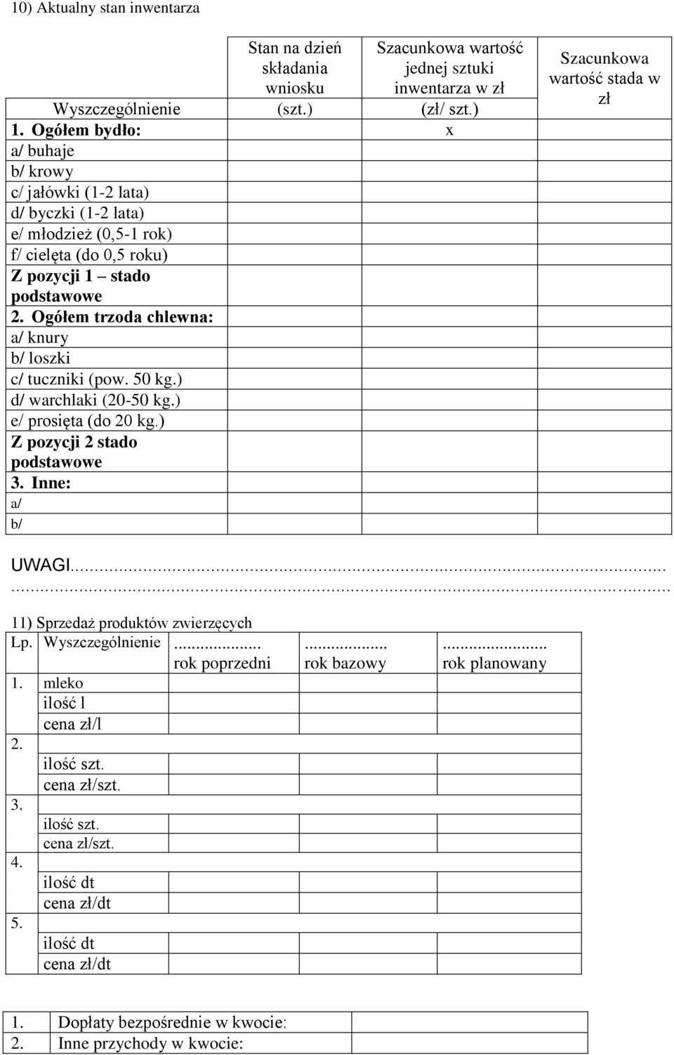 Ogółem trzoda chlewna: a/ knury b/ loszki c/ tuczniki (pow. 50 kg.) d/ warchlaki (20-50 kg.) e/ prosięta (do 20 kg.) Z pozycji 2 stado podstawowe 3.