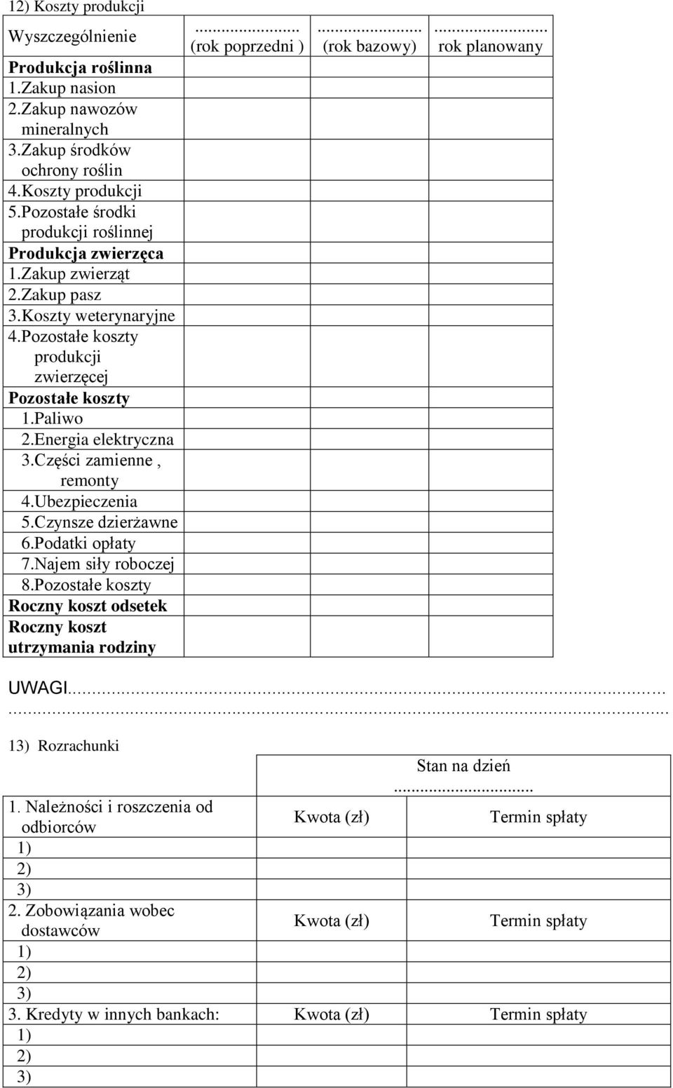 Części zamienne, remonty 4.Ubezpieczenia 5.Czynsze dzierżawne 6.Podatki opłaty 7.Najem siły roboczej 8.Pozostałe koszty Roczny koszt odsetek Roczny koszt utrzymania rodziny... (rok poprzedni ).