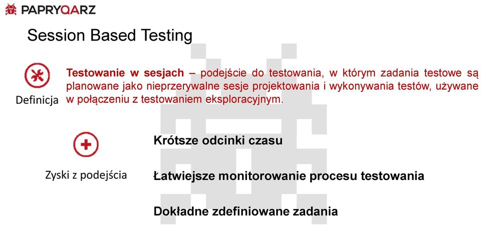 wykonywania testów, używane w połączeniu z testowaniem eksploracyjnym.