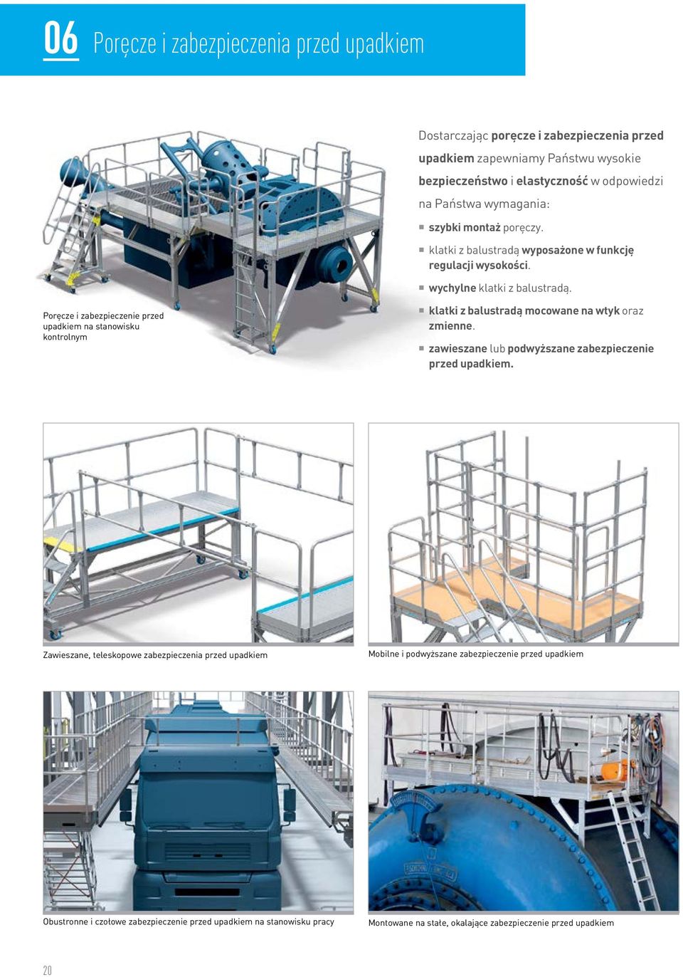 Poręcze i zabezpieczenie przed upadkiem na stanowisku kontrolnym klatki z balustradą mocowane na wtyk oraz zmienne. zawieszane lub podwyższane zabezpieczenie przed upadkiem.