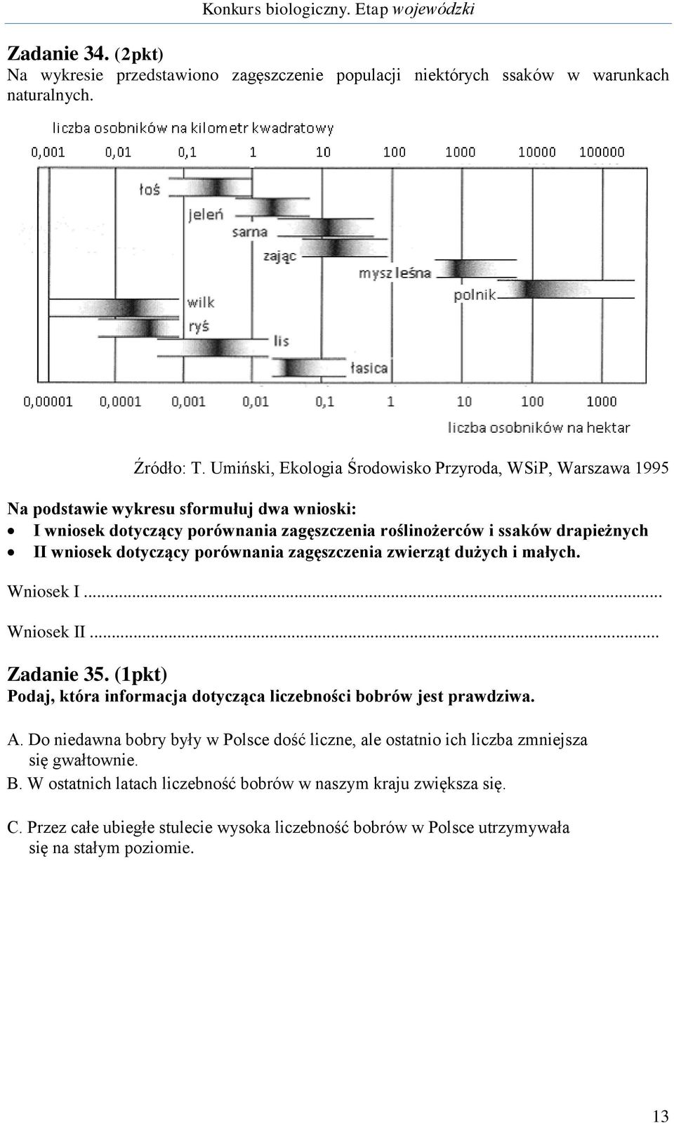 wniosek dotyczący porównania zagęszczenia zwierząt dużych i małych. Wniosek I... Wniosek II... Zadanie 35. (1pkt) Podaj, która informacja dotycząca liczebności bobrów jest prawdziwa. A.