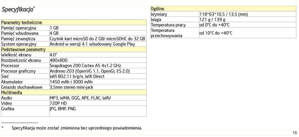 1 wbudowany Google Play Ogólne Wymiary Waga Temperatura pracy Temperatura przechowywania 118*63*10,5 / 13,5 (mm) 121 g / 139 g od 0 C do +40 C od 10 C do +40 C 4.