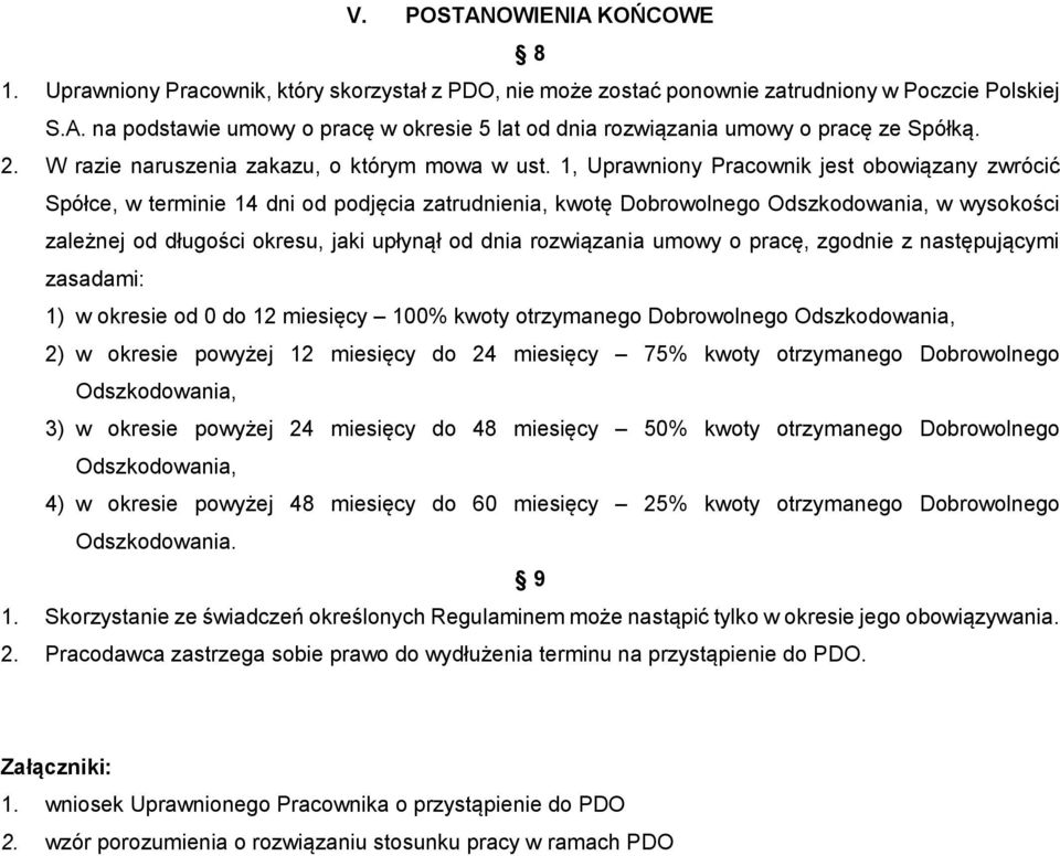 1, Uprawniony Pracownik jest obowiązany zwrócić Spółce, w terminie 14 dni od podjęcia zatrudnienia, kwotę Dobrowolnego Odszkodowania, w wysokości zależnej od długości okresu, jaki upłynął od dnia