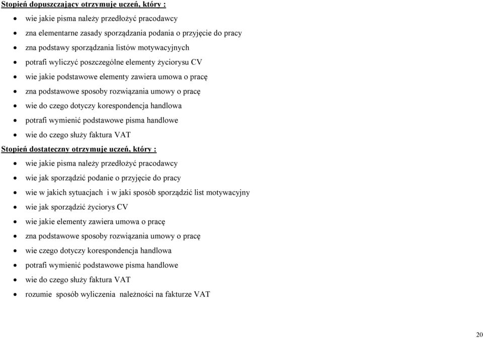korespondencja handlowa potrafi wymienić podstawowe pisma handlowe wie do czego służy faktura VAT Stopień dostateczny otrzymuje uczeń, który : wie jakie pisma należy przedłożyć pracodawcy wie jak
