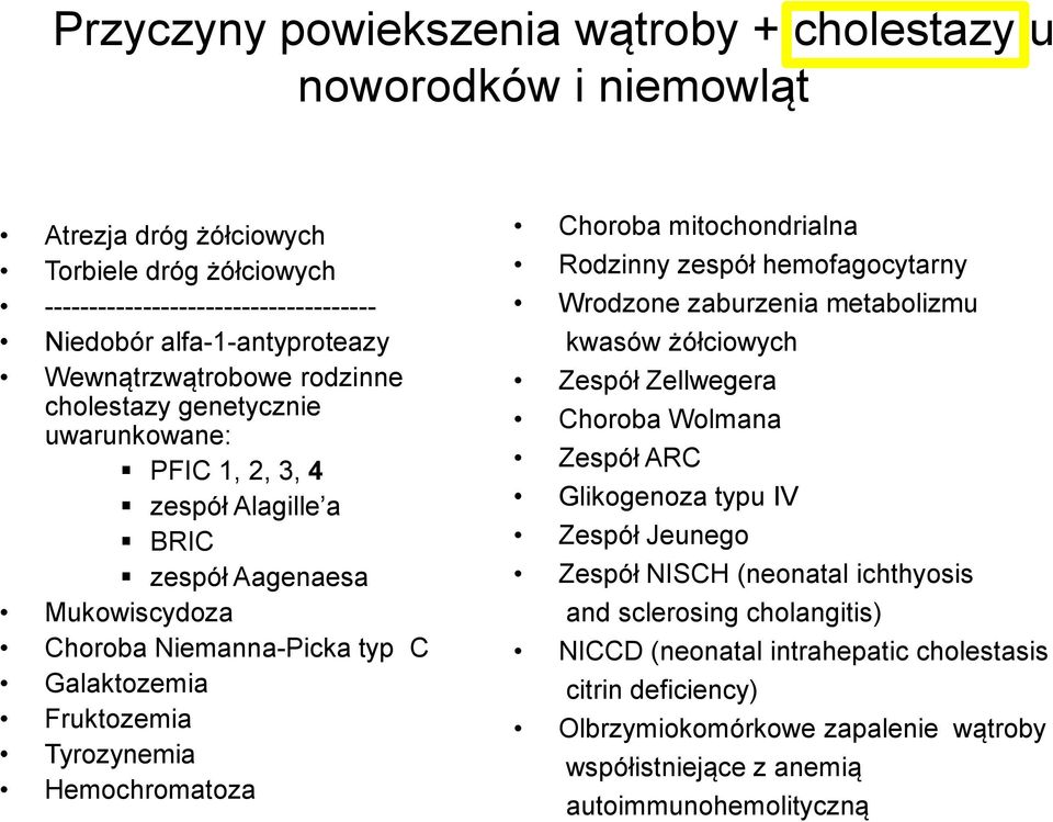 Tyrozynemia Hemochromatoza Choroba mitochondrialna Rodzinny zespół hemofagocytarny Wrodzone zaburzenia metabolizmu kwasów żółciowych Zespół Zellwegera Choroba Wolmana Zespół ARC Glikogenoza typu IV