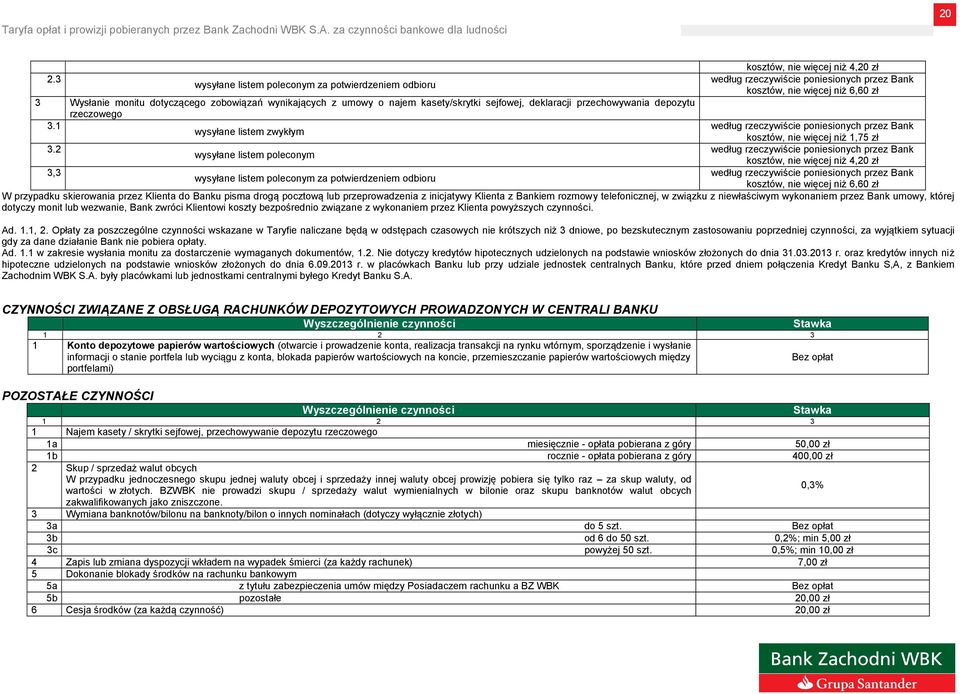 2 3,3 wysyłane listem poleconym wysyłane listem poleconym za potwierdzeniem odbioru kosztów, nie więcej niż 4,20 zł według rzeczywiście poniesionych przez Bank kosztów, nie więcej niż 6,60 zł według