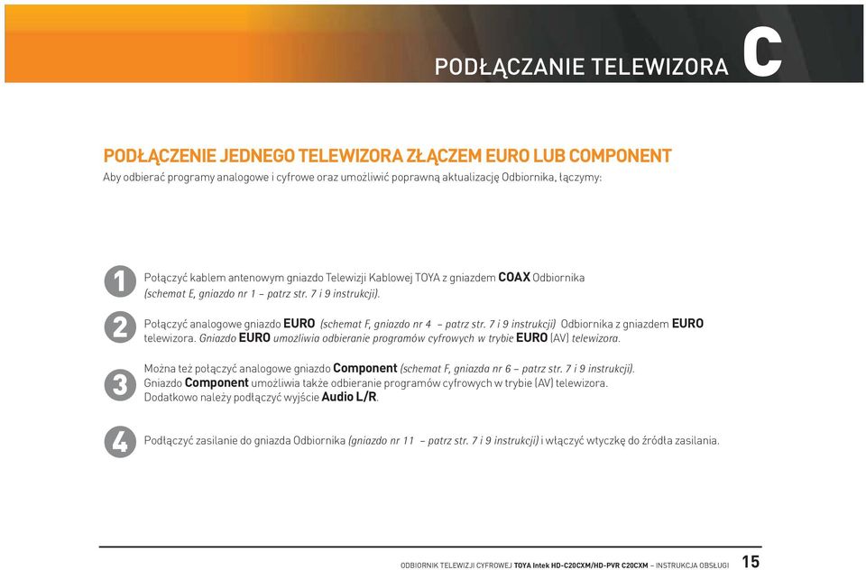 7 i 9 instrukcji) odbiornika z gniazdem euro telewizora. Gniazdo euro umożliwia odbieranie programów cyfrowych w trybie euro (av) telewizora.