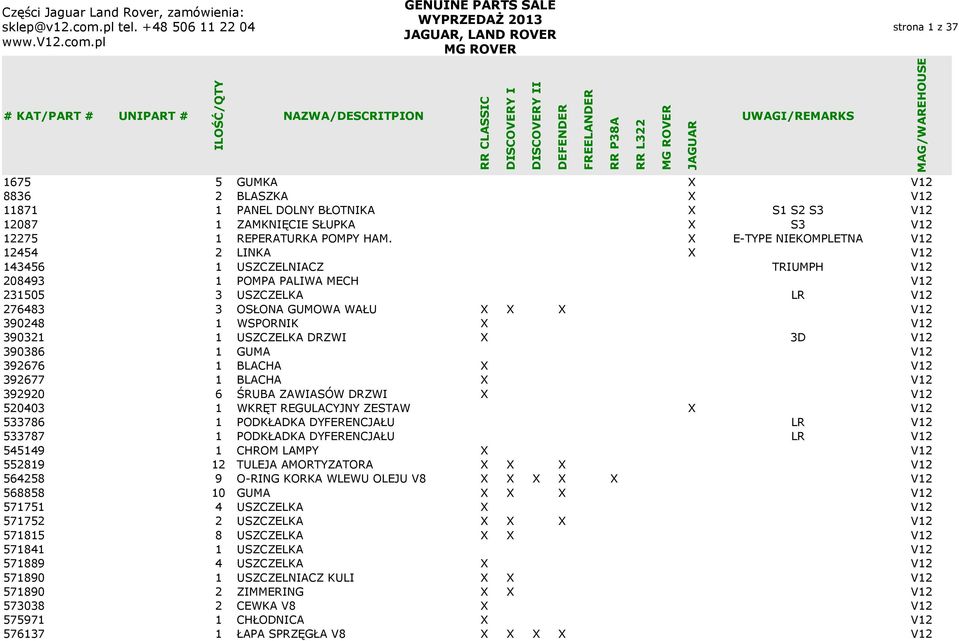 390321 1 USZCZELKA DRZWI X 3D V12 390386 1 GUMA V12 392676 1 BLACHA X V12 392677 1 BLACHA X V12 392920 6 ŚRUBA ZAWIASÓW DRZWI X V12 520403 1 WKRĘT REGULACYJNY ZESTAW X V12 533786 1 PODKŁADKA