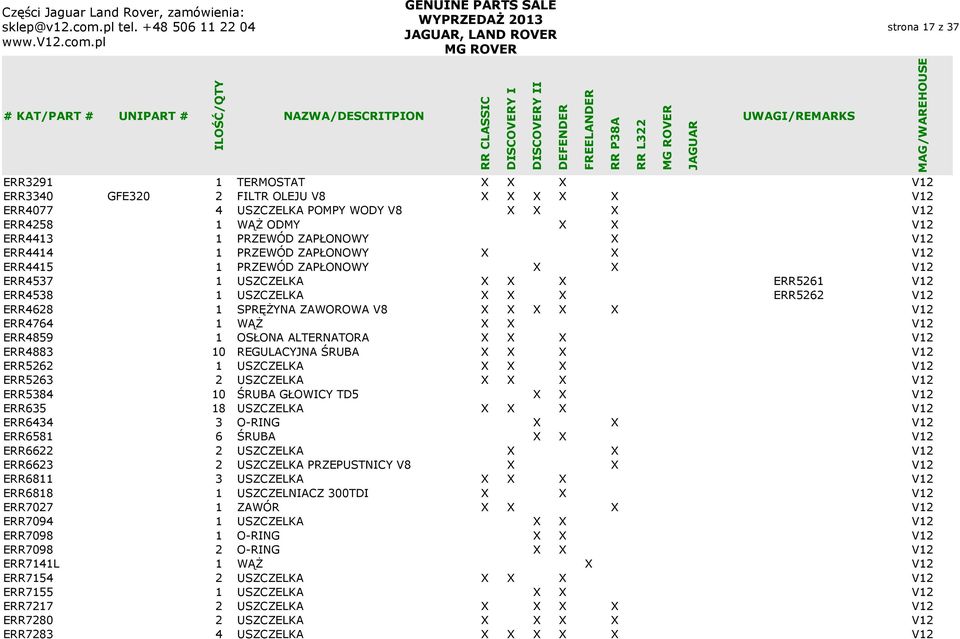 X X X V12 ERR4764 1 WĄŻ X X V12 ERR4859 1 OSŁONA ALTERNATORA X X X V12 ERR4883 10 REGULACYJNA ŚRUBA X X X V12 ERR5262 1 USZCZELKA X X X V12 ERR5263 2 USZCZELKA X X X V12 ERR5384 10 ŚRUBA GŁOWICY TD5