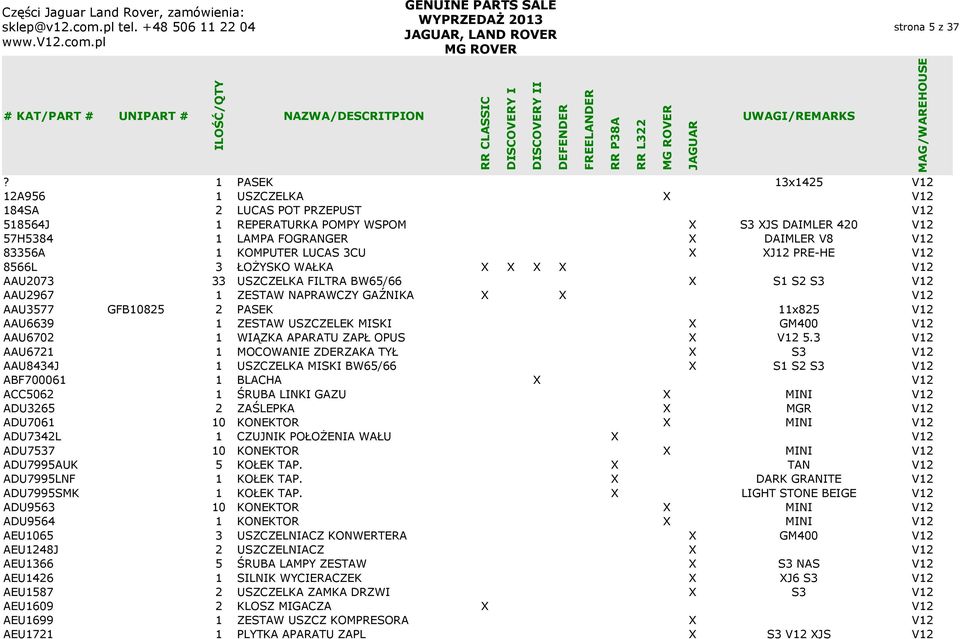 LUCAS 3CU X XJ12 PRE-HE V12 8566L 3 ŁOŻYSKO WAŁKA X X X X V12 AAU2073 33 USZCZELKA FILTRA BW65/66 X S1 S2 S3 V12 AAU2967 1 ZESTAW NAPRAWCZY GAŹNIKA X X V12 AAU3577 GFB10825 2 PASEK 11x825 V12 AAU6639