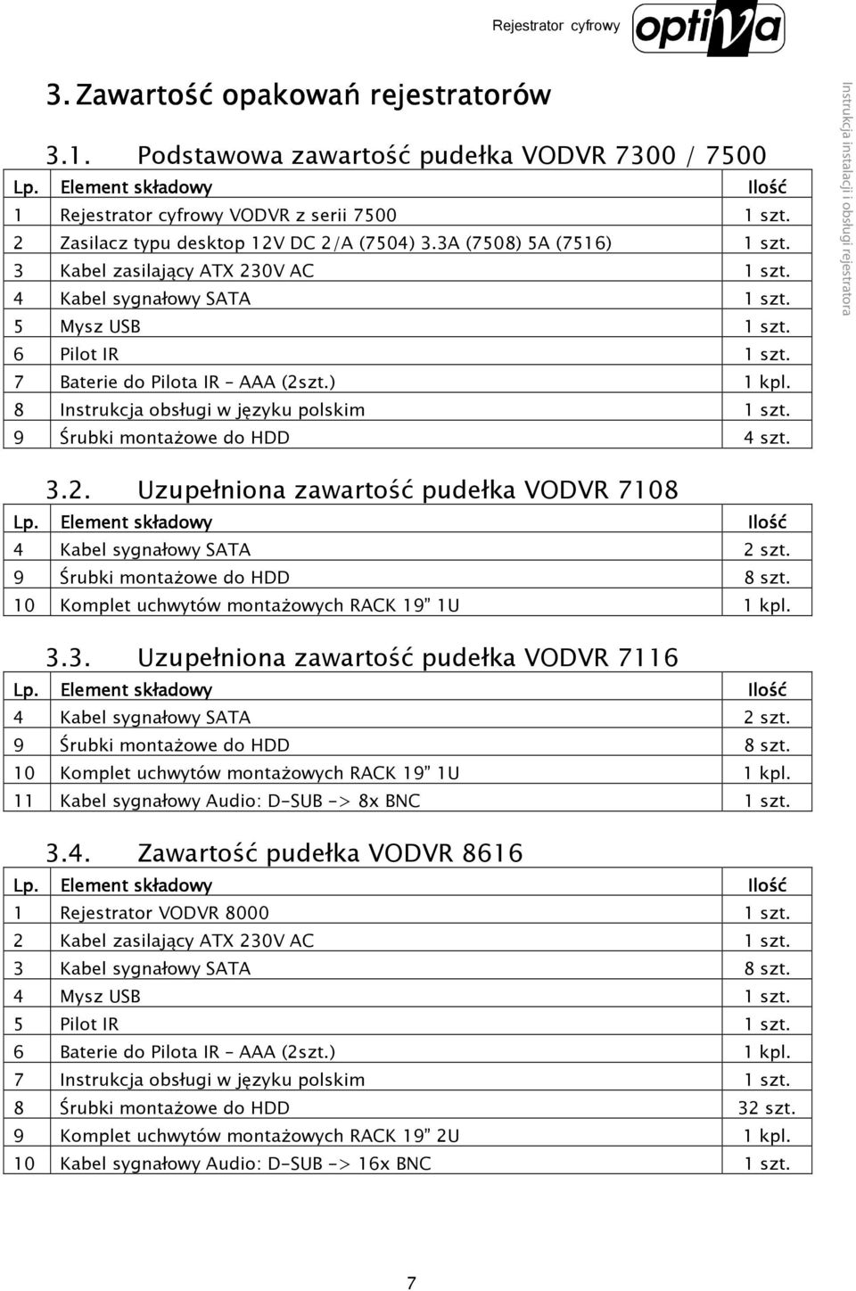 7 Baterie do Pilota IR AAA (2szt.) 1 kpl. 8 Instrukcja obsługi w języku polskim 1 szt. 9 Śrubki montażowe do HDD 4 szt. 3.2. Uzupełniona zawartość pudełka VODVR 7108 Lp.