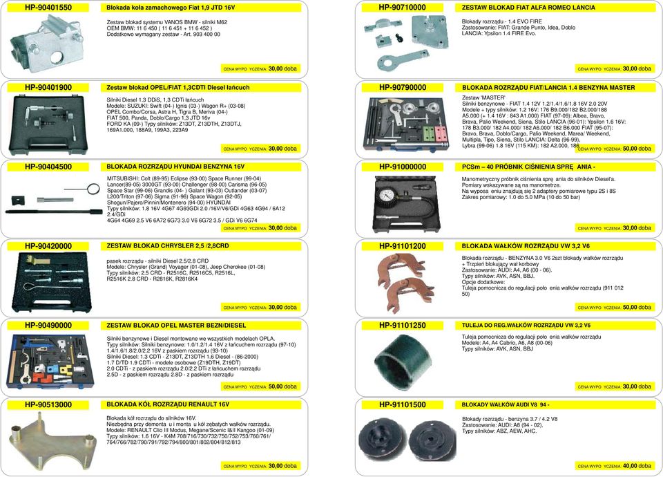 HP-90401900 Zestaw blokad OPEL/FIAT 1,3CDTI Diesel łańcuch HP-90790000 BLOKADA ROZRZĄDU FIAT/LANCIA 1.4 BENZYNA MASTER Silniki Diesel 1.